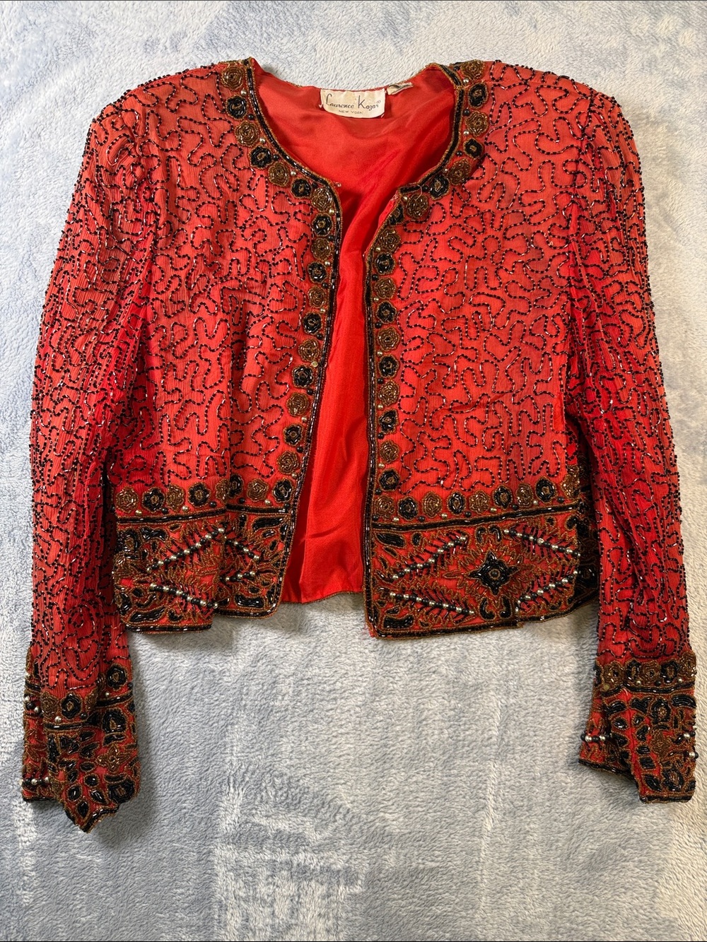 VINTAGE Laurence Kazar Red Beaded Embellished Open Blazer #3133
